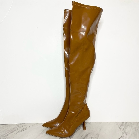 New! BP Everlee Brown Faux Patent Leather Over the Knee Boot 9M - Picture 1 of 15